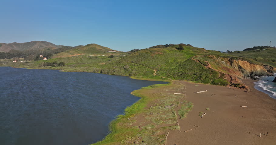 San Francisco California Aerial v119 low fly along side rodeo beach towards bird island capturing marin coastal headlands and beautiful landscape of pacific ocean - Shot with Mavic 3 Cine - May 2022