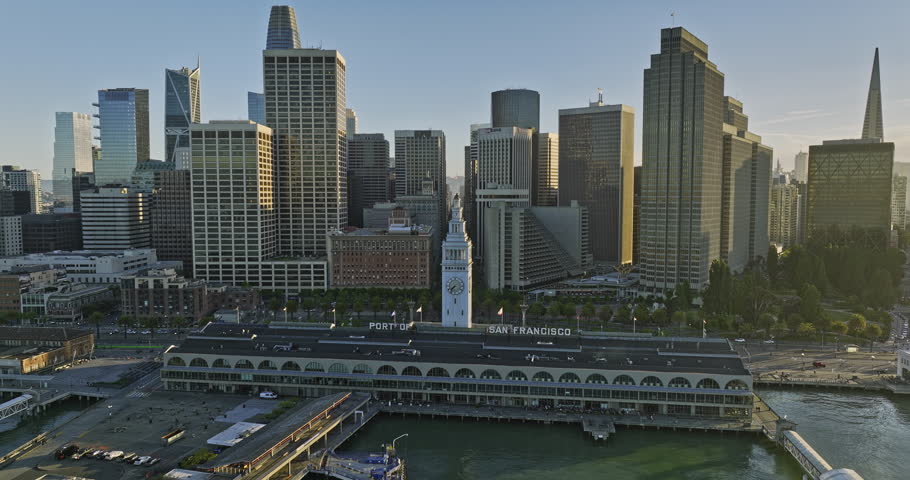 San Francisco California Aerial v164 dramatic flyover waterfront historical ferry building on embarcadero capturing downtown cityscape along mission street - Shot with Mavic 3 Cine - 6.1.22