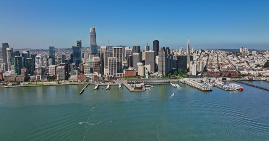San Francisco California Aerial v142 flyover water bay along and above mission street capturing ferry building and waterfront financial district downtown cityscape - Shot with Mavic 3 Cine - May 2022