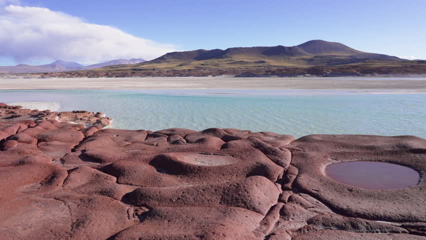 beautiful landscape view to Las Piedras Rojas in Salar de Aguas Calientes of San Pedro de Atacama