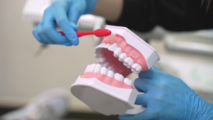 Dentist with blue latex gloves teaching patient to brush teeth correctly demonstrating technique on human jaws model stomatologist showing routine personal hygiene closeup Royalty-Free Stock Footage #1108296369