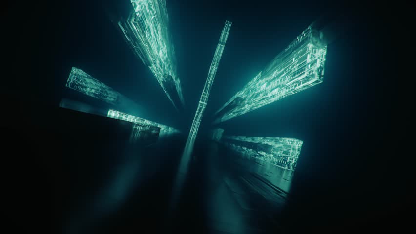 Entering the cyberspace. Inside the computer. Internet. Data streams, data transmission. Digital world network. Virtual reality. Sci-fi, science-fiction high quality cinematic 4k video.  Royalty-Free Stock Footage #1108296549
