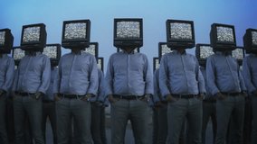 Brainwashed. Surreal crowd of tv head people standing in line. Media manipulation concept. Totalitarian controlled society symbol. Scary future sci-fi video loop. Total invigilation, fake news.