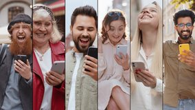 Collage of smiling happy people portraits diverse gender, different cultures, ages, ethnicity. Men women use mobile smartphone celebrating win good message news, lottery game jackpot victory outdoors - Powered by Shutterstock - Get 15% off with code: PIKWIZARD15
