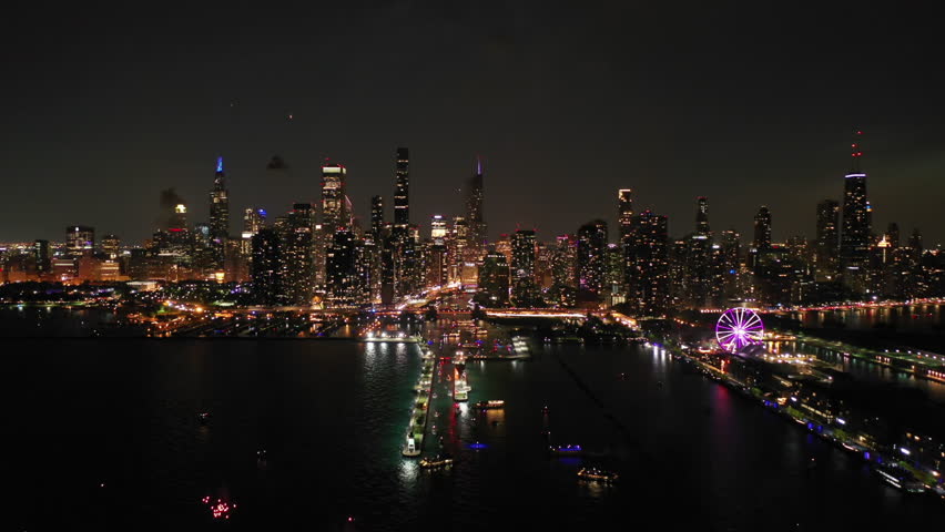 Drone shot of the Chicago skyline, during fourth of July night celebration