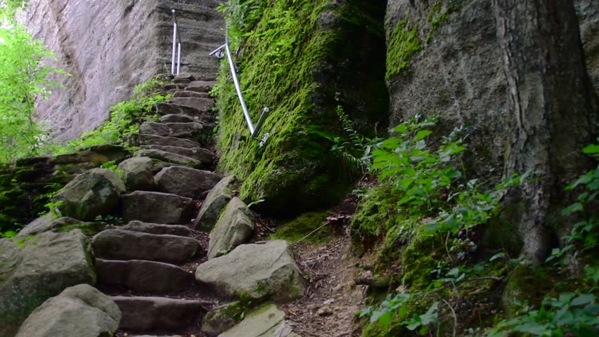Mountain rock steps woodland people walking up, hiking fall season activity, Rimrock Pa Allegheny state forest