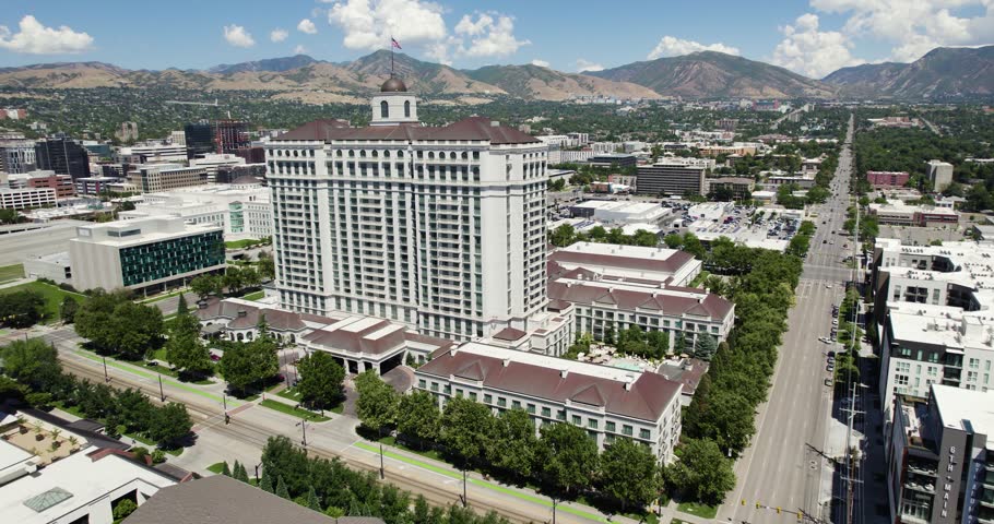 Downtown Salt Lake City Tourism Hotel in Summer in Utah, Aerial Drone View
