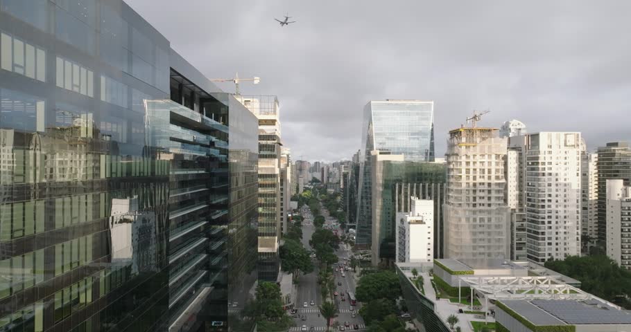 Aerial flying next to Google Building on Faria Lima Avenue, Sao Paulo, Brazil