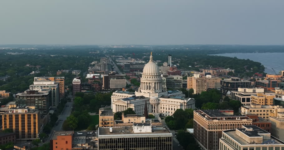 Aerial panorama above Madison downtown buildings and the Wisconsin State Capitol