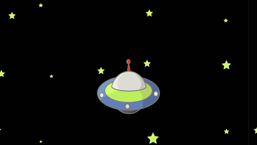 Animated ufo flying in space over the planets