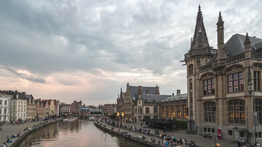 Ghent Belgium time lapse 4K, city skyline day to night timelapse at St Michael