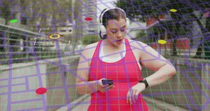 Animation of data processing over plus size caucasian woman exercising in city. Sports, active lifestyle, urban living and happiness concept digitally generated video.