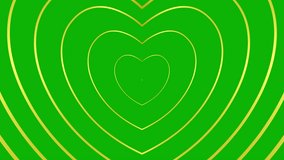 Animated increasing golden hearts appear from the center.  Background from linear symbol. Looped video. Vector illustration isolated on green background.