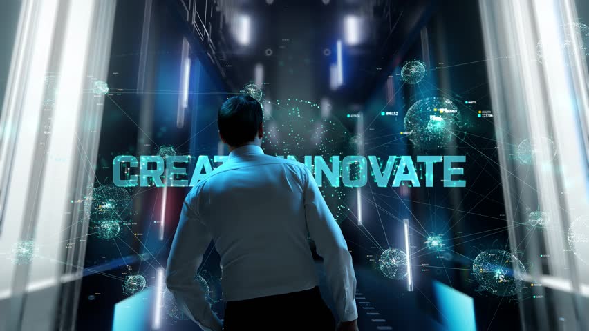 Create Innovate. Man in Futuristic Office Interior Moving and Activating Hologram.