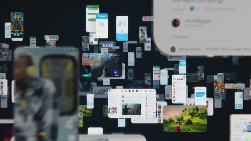 Animated Infinite Zoom Out Virtual Background with Social Networks Connected Together Online. Internet of Things Concept with Videos, Avatars, Media Profiles Flowing in Technology Cyberspace | Shutterstock HD Video #1108312863