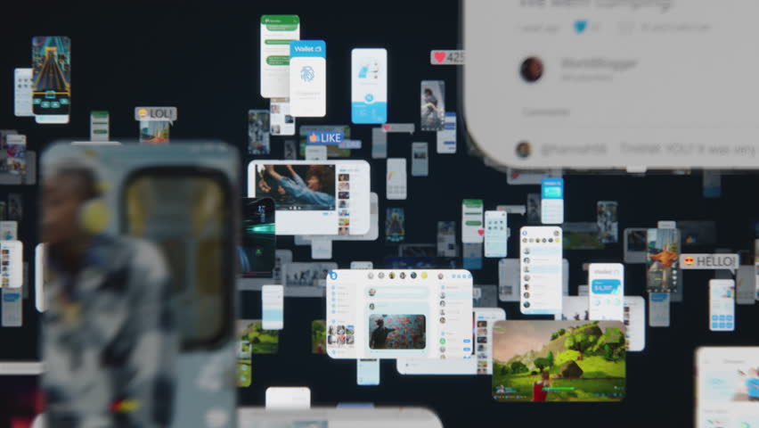 Social Network Concept with Blockchain Architecture Visualization of a Metaverse Big Data with Viral Videos, Advertising, Social Media Profiles with Influencers, Online Art and Internet Communities | Shutterstock HD Video #1108312879