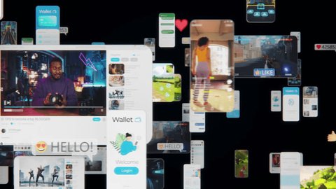 Social Network Concept with Blockchain Architecture Visualization of a Metaverse Big Data with Viral Videos, Advertising, Social Media Profiles with Influencers, Online Art and Internet Communities 库存视频