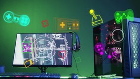 Animation of neon icons over video game computer equipment. Global video game, digital interface, data processing and connections concept digitally generated video.