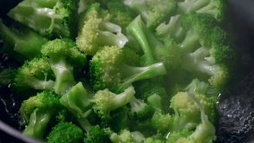 Open lid up and see fresh and green broccoli steamed in a black pan. looking delicious. - Powered by Shutterstock - Get 15% off with code: PIKWIZARD15