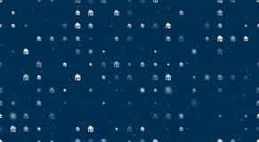Template animation of evenly spaced house symbols of different sizes and opacity. Animation of transparency and size. Seamless looped 4k animation on dark blue background with stars