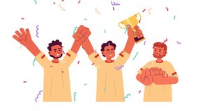 Team winning sports cartoon animation. Esports champions confetti 4K video motion graphic. Team members celebrating victory with trophy cup 2D color animated characters isolated on white background
