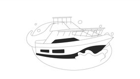 Luxury yacht on water splash sea bw cartoon animation. Vessel sailing in waves 4K video motion graphic. Ocean around boat. Yacht racing 2D monochrome line animated scene isolated on white background