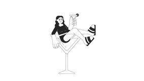 Cocktail party bw 2D animation. Arab woman with margarita glass 4K video motion graphic. Cheers. Young adult having fun with drink monochrome outline animated cartoon flat concept, white background