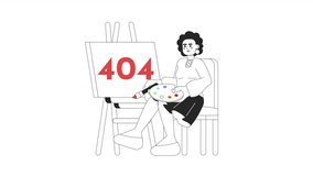 Afro hair woman painting easel bw error 404 animation. Drawing workshop error message gif, motion graphic. Woman with paint brush animated character outline 4K video isolated on white background