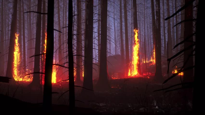 Night Forest Fire in Lakeshore - Forest Fire. Forest Fire, Slash And Burn, Water's Edge, Lakeshore, Night Royalty-Free Stock Footage #1108330383