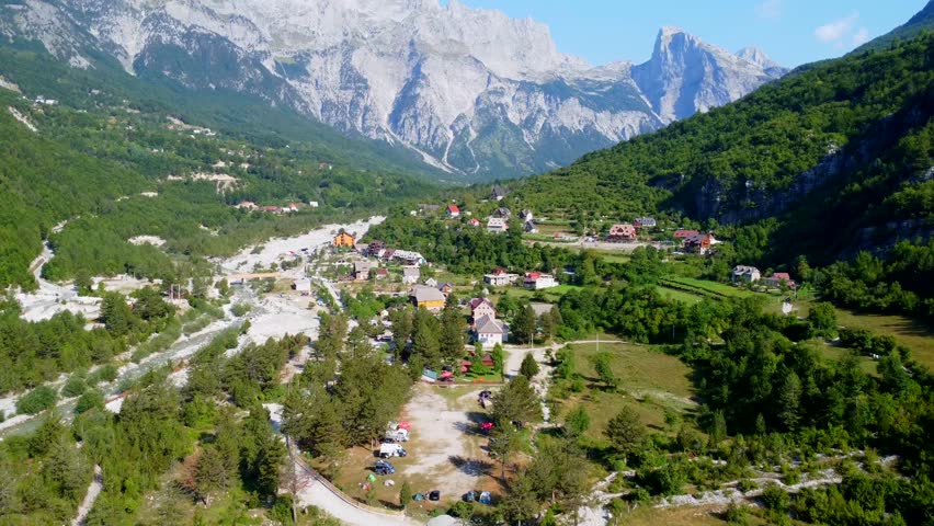 Aerial drone view of the valley of Theth national park, Albania. Albanian Alps