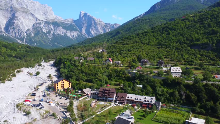 Aerial drone view of the valley of Theth national park, Albania. Albanian Alps