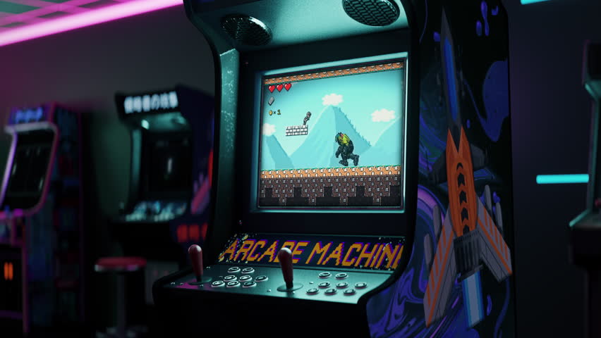 Enjoying Adventure Game On Retro Arcade Machine In Lounge. Enjoying Nostalgia From Arcade Video Game. Old Video Game Animation On Arcade Cabinet. Enjoying Hobby. Digital Entertainment Royalty-Free Stock Footage #1108334161