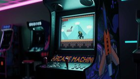 Enjoying Adventure Game On Retro Arcade Machine In Lounge. Enjoying Nostalgia From Arcade Video Game. Old Video Game Animation On Arcade Cabinet. Enjoying Hobby. Digital Entertainment