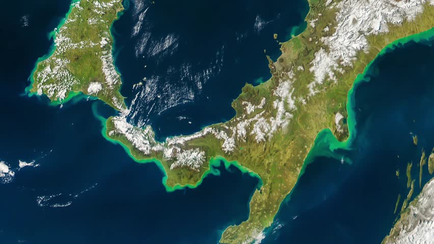 Satellite view of Italy from a snowy period. View of the Mediterranean and the European continent from space. Elements of this video furnished by NASA.