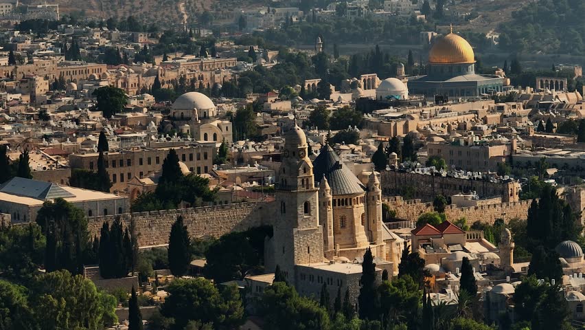 Dormition Abbey - Hagia Maria, Old City Jerusalem aerial drone view sunrise, Israel, 4k
 Royalty-Free Stock Footage #1108336223