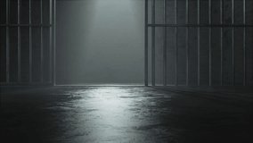 A slow camera pan closeup showing a dimly lit concrete floor of a prison cell and the cast shadows of the jail cell door slamming shut - Powered by Shutterstock - Get 15% off with code: PIKWIZARD15