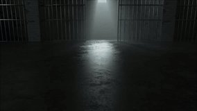 A slow camera pan closeup showing a dimly lit concrete floor of a prison cell and the cast shadows of the jail cell door slamming shut - Powered by Shutterstock - Get 15% off with code: PIKWIZARD15