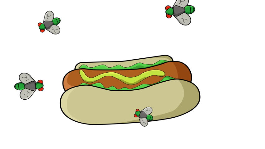 Animation of a hot dog surrounded by flies