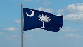 South Carolina US state looped flag waving in the wind with blue sky and running clouds, cycle seamless loop video
