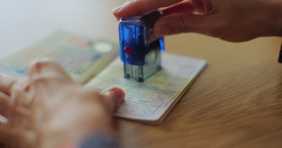 The concept of obtaining a stamp in the passport on entry into the territory of another state. Visa stamp in passport ID. Entry in foreign country.