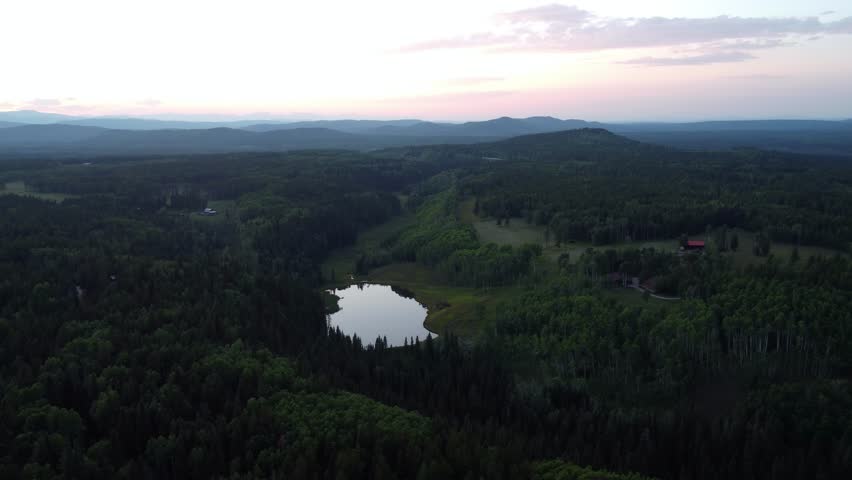 Beautiful hazy forest at sunset in the midst of the Canadian Rocky Mountains. Aerial shot.