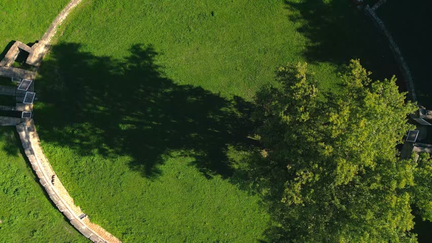 Overhead View Of Reconstruction Of The Roman Amphitheater In Aquincum, Budapest, Hungary. Aerial Shot