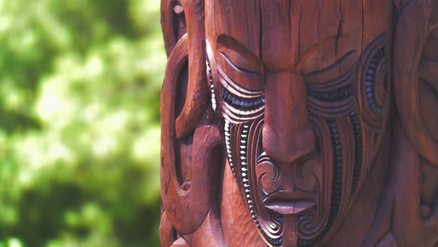 Maori Art Traditional Wooden Carving Of Warrior's Face. Royalty-Free Stock Footage #1108341891