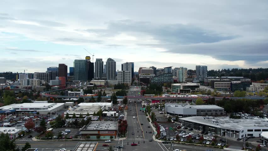 Drone flight over NE 8th street, Bellevue, washington. Buildings and skyscrapers. Business city.