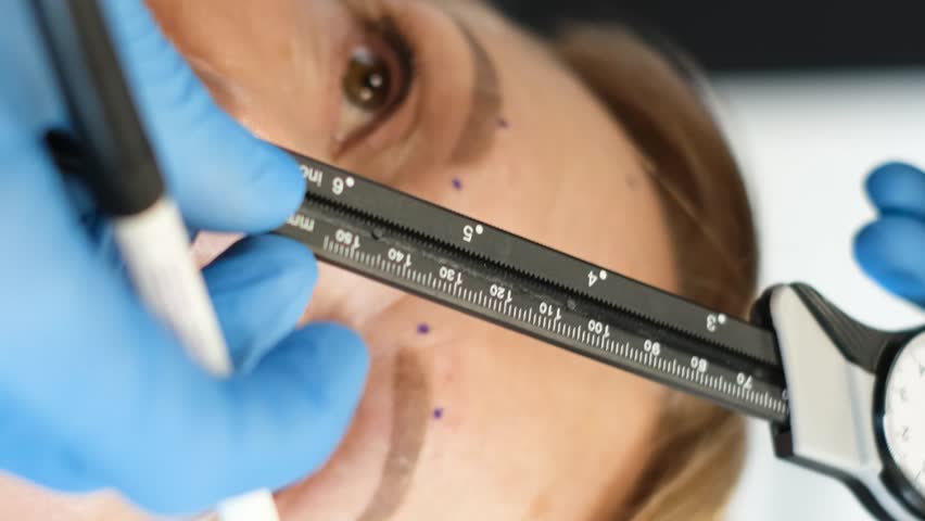 Close-up of a plastic surgeon examining a retired woman, he uses a caliper. Vertical video