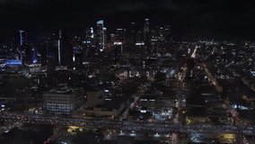
Lightning Storm Strike over Downtown LA at Night. Aerial View of Los Angeles Skyline.Thunderstorm. Climate Change. Traffic in Highway. Shot from Helicopter in 8K. - Powered by Shutterstock - Get 15% off with code: PIKWIZARD15