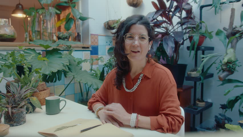 Smiling woman sitting at table in indoor garden at home, looking at camera and discussing green houseplants during web call. POV medium shot