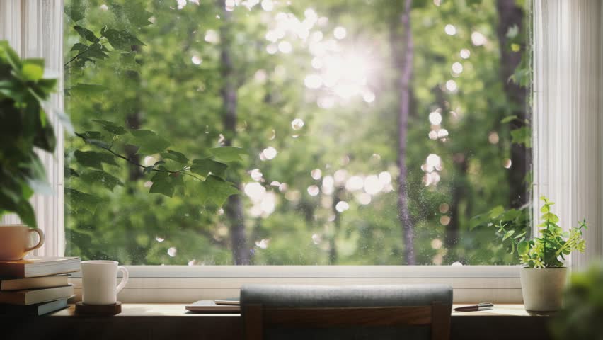 Natural healing repetitive video and ASMR where the fresh morning sunlight shining brightly on the window glass in the forest and the leaves swaying in the fresh wind provide comfortable relaxation.
 Royalty-Free Stock Footage #1108349247