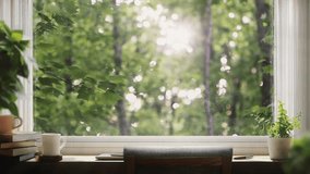 Natural healing repetitive video and ASMR where the fresh morning sunlight shining brightly on the window glass in the forest and the leaves swaying in the fresh wind provide comfortable relaxation.
