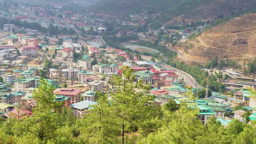 Panoramic view of the city of Thimphu located in Bhutan, view of buildings and roads in Thimphu city